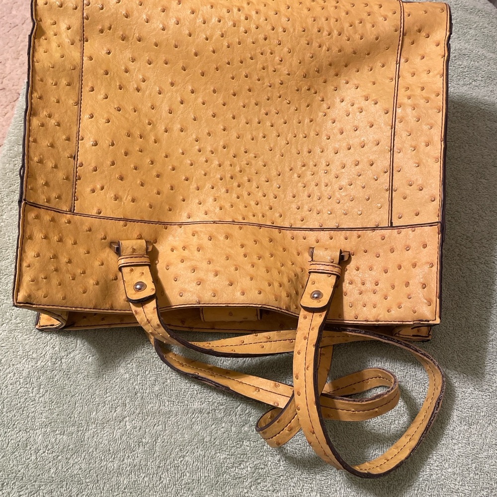 Merona Genuine Ostrich Leather Tote Bag Yellow Mustard Shoulder Bag - Picture 4 of 16